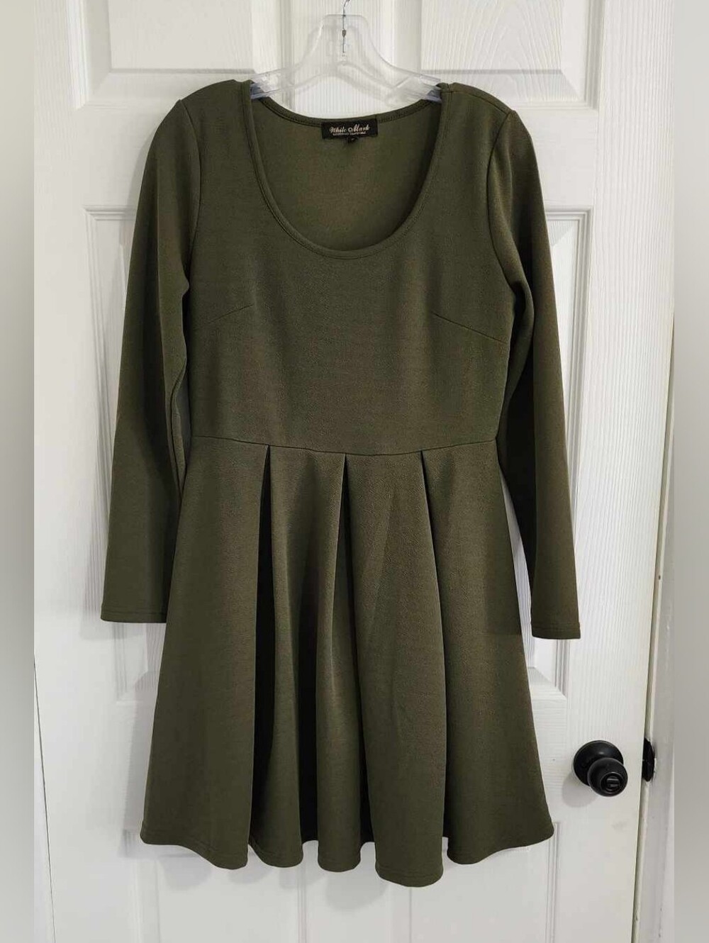 White Mark Olive Green Fit & Flare Pleated Long Sleeve Dress Size Large